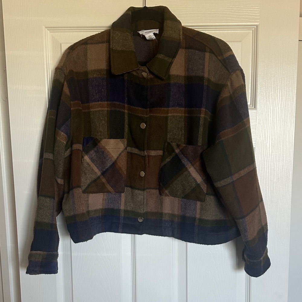 For The Republic Brown and Green Plaid Utility Jacket